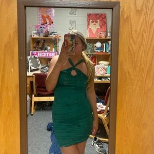 Green halter neck mini dress